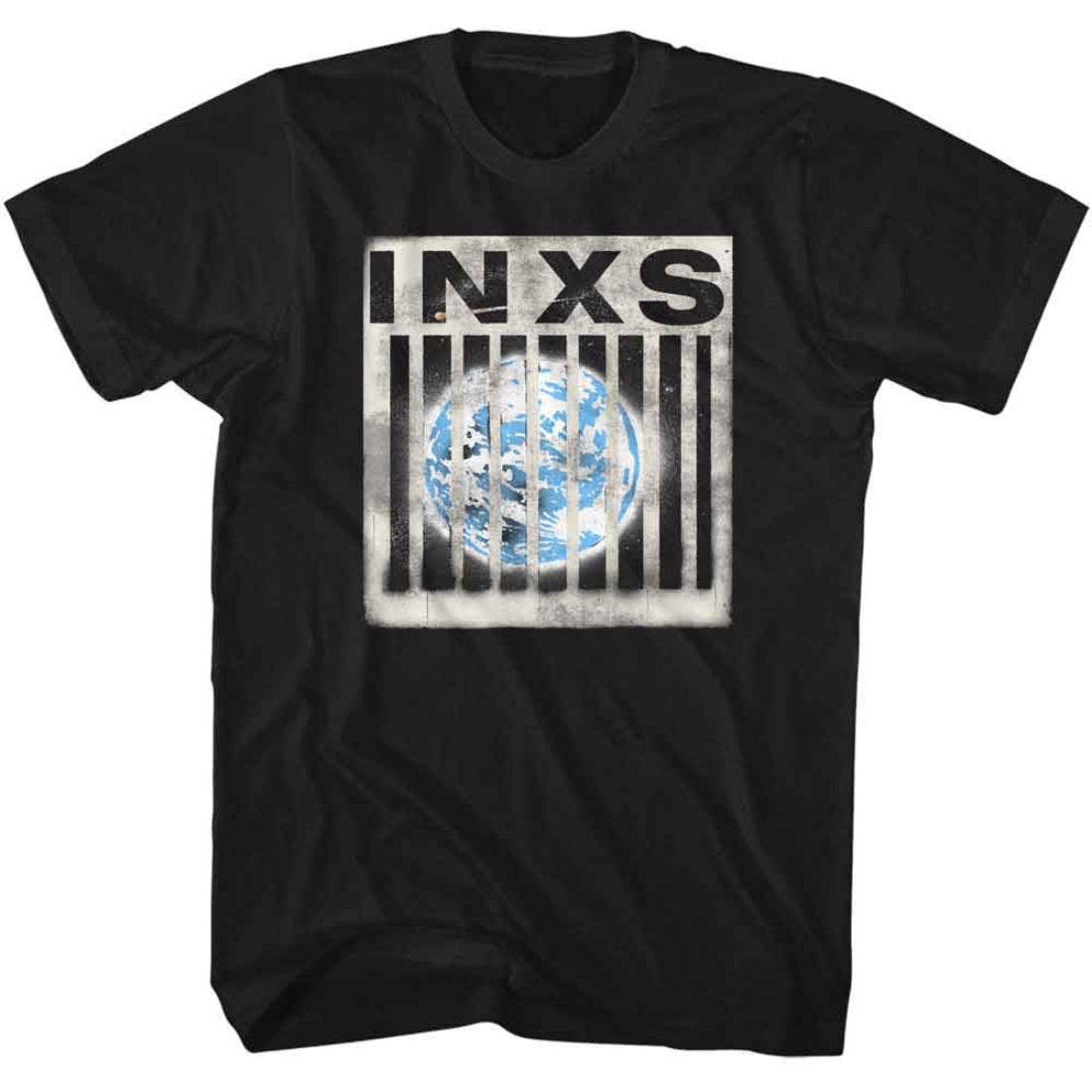 Black t-shirt with INXS logo featuring a globe and bars on a white background