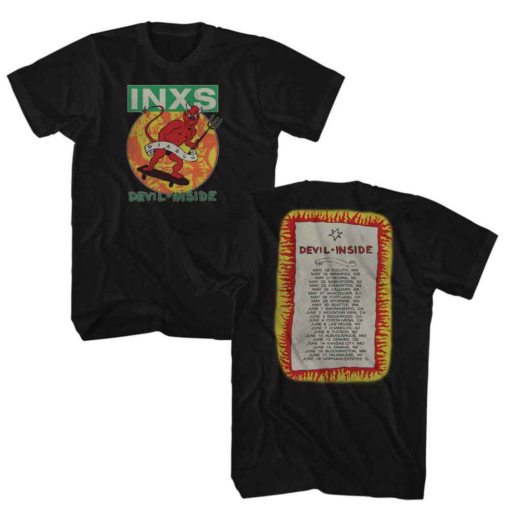 Black t-shirt with INXS graphic on front and song list on back