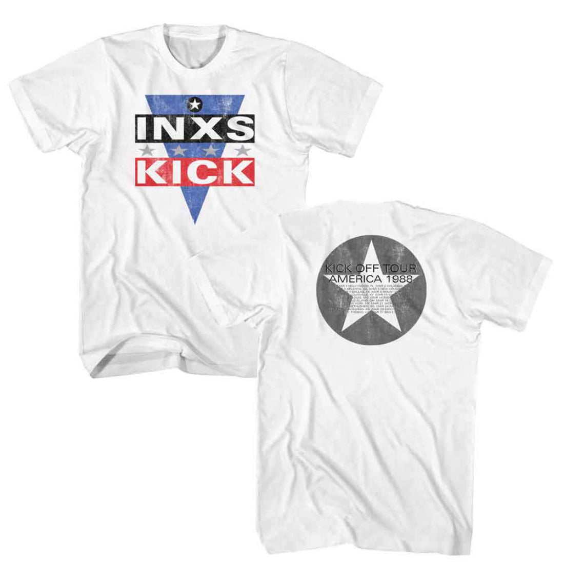 White t-shirt with INXS 'Kick' graphic design on a white background