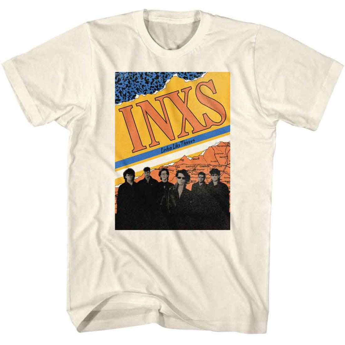 White t-shirt with INXS band graphic on a white background