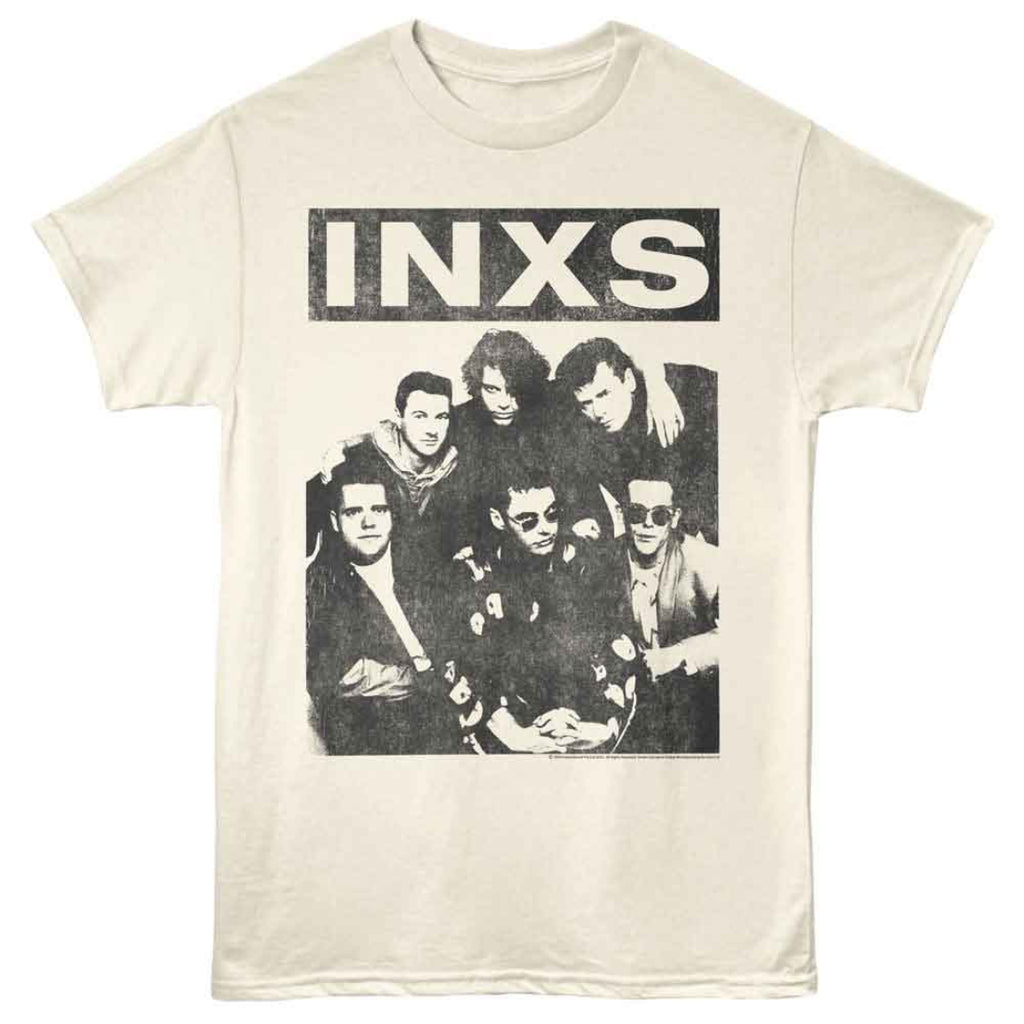 Beige t-shirt with INXS band graphic and text on a white background