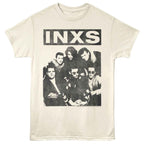 Beige t-shirt with INXS band graphic and text on a white background