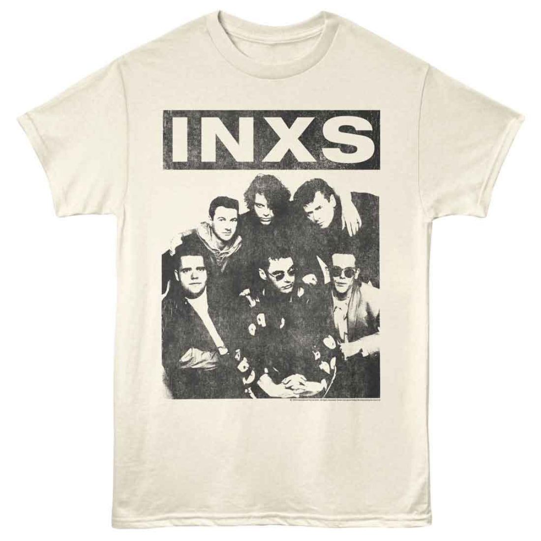 Beige t-shirt with INXS band graphic and text on a white background