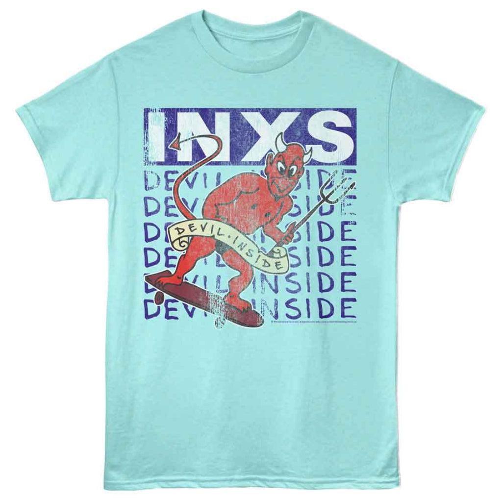 Light blue t-shirt with a graphic of a devil and 'INXS' text on a white background