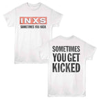 White t-shirt with INXS logo and text on front and back