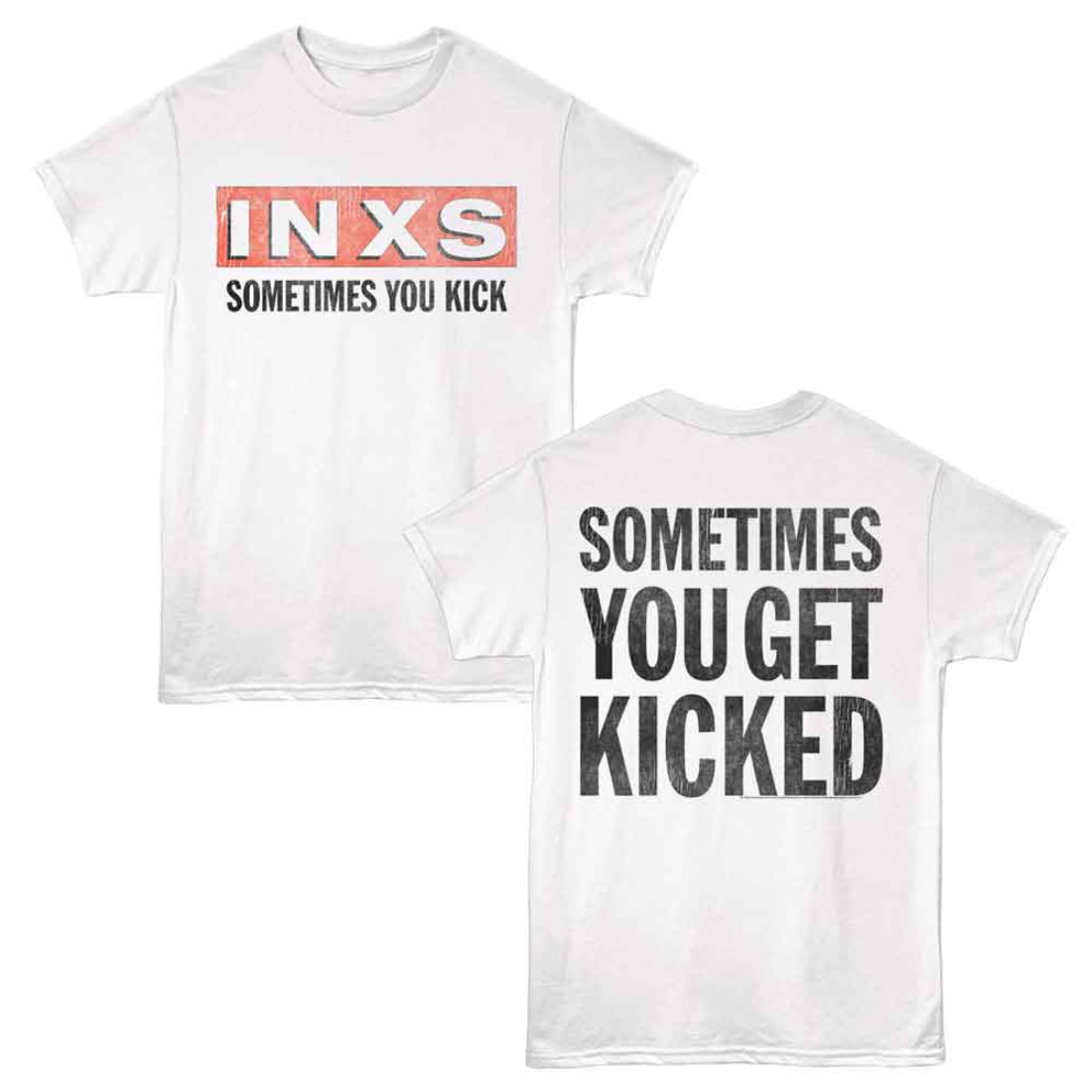 White t-shirt with INXS logo and text on front and back