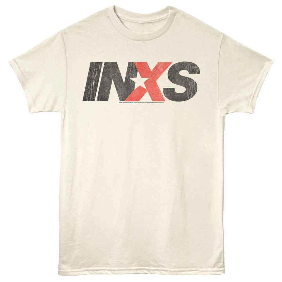 Beige t-shirt with INXS logo on a white background