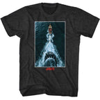 Black t-shirt with 'Jaws' shark graphic and boat on a white background