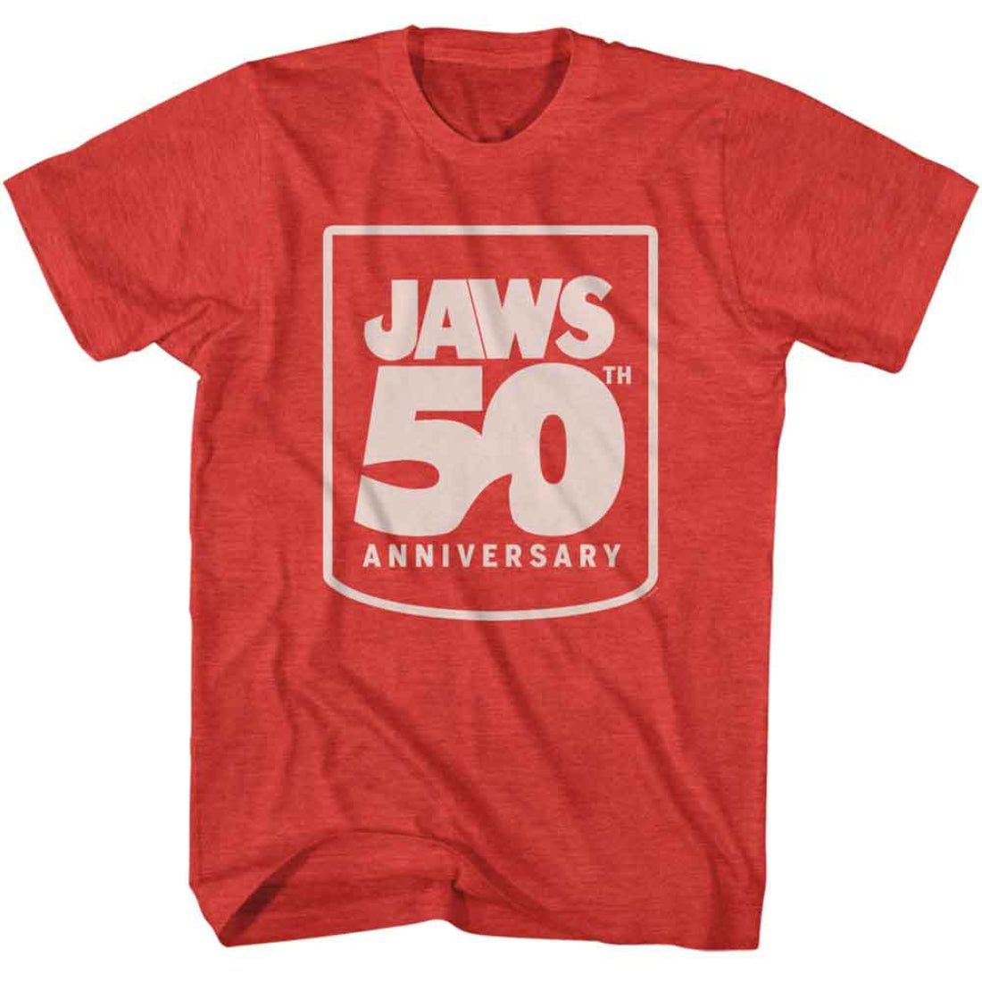 Red t-shirt with 'JAWS 50th Anniversary' text on a white background