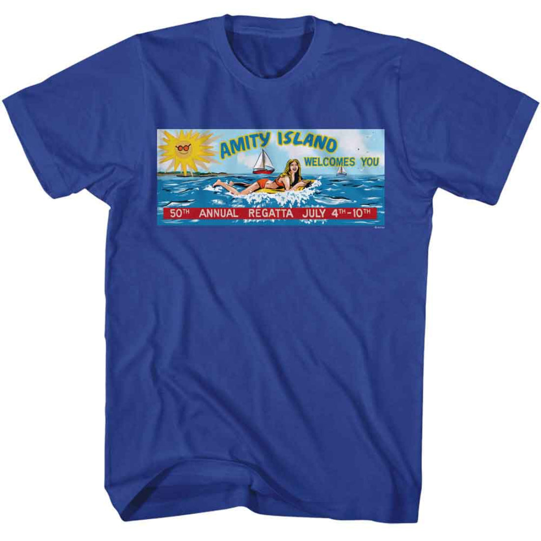 Blue Jaws  t-shirt with a graphic of 'Amity Island' and a woman on a float, on a white background.
