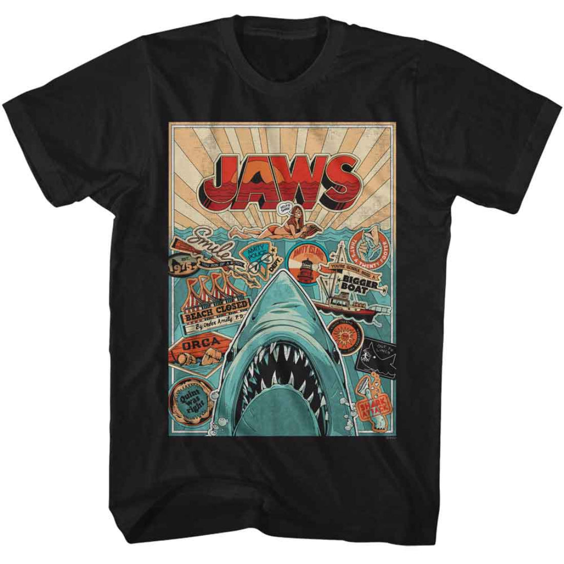 Black t-shirt with 'JAWS' graphic design featuring a shark and vintage elements.