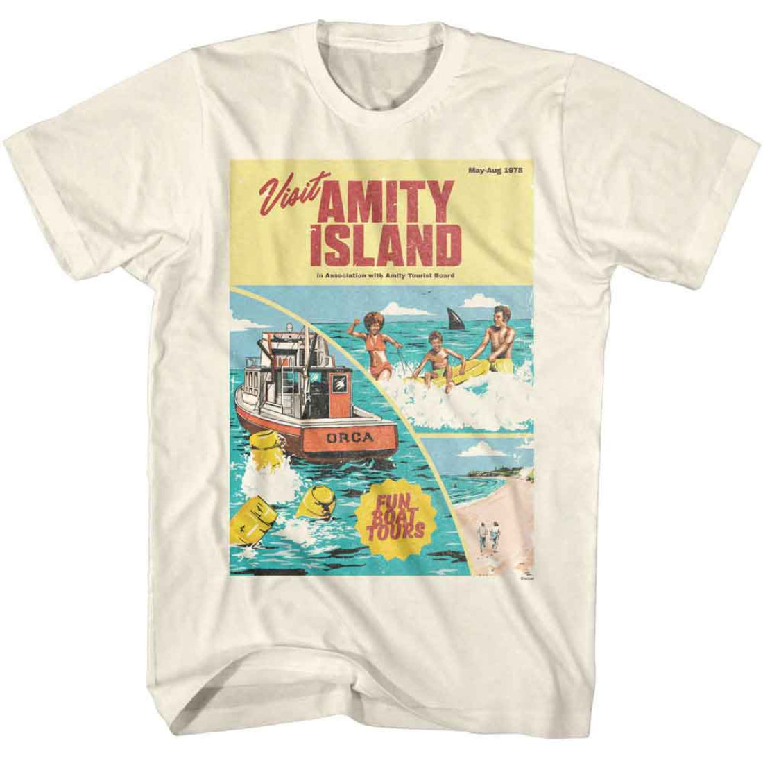 Jaws T-shirt with 'Visit Amity Island' graphic design featuring a boat and people on a beach.