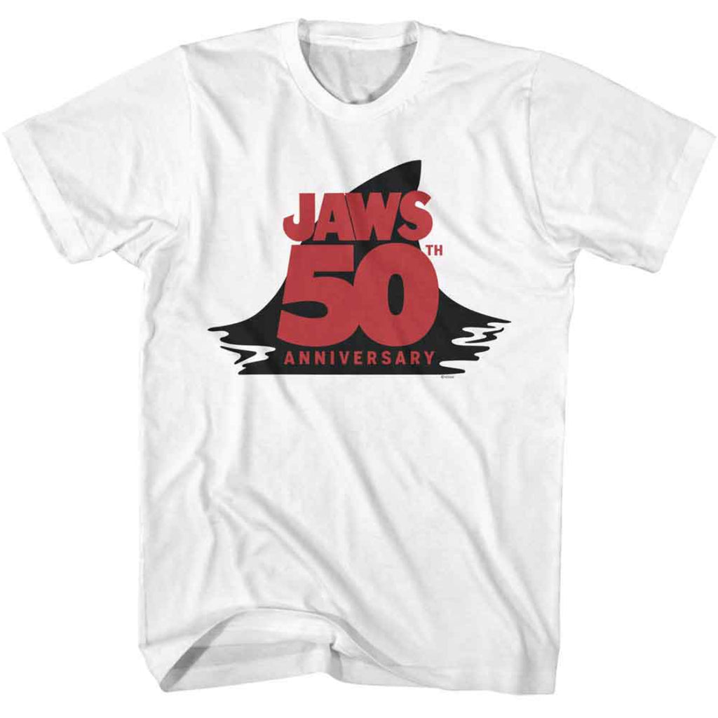 White t-shirt with 'JAWS 50th Anniversary' graphic design on a white background