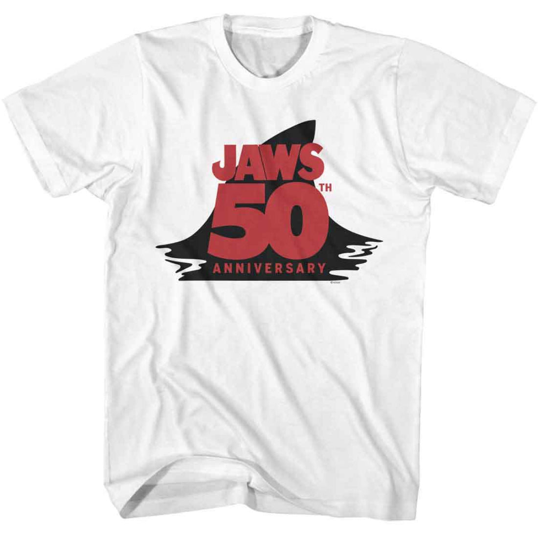 White t-shirt with 'JAWS 50th Anniversary' graphic design on a white background