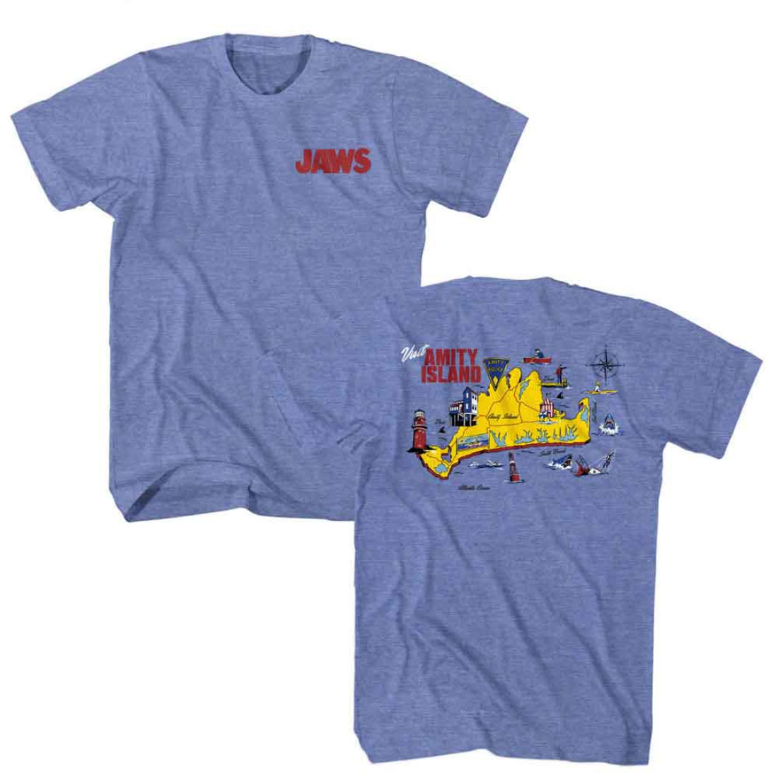 Blue t-shirt with 'JAWS' logo on front and Amity Island graphic on back