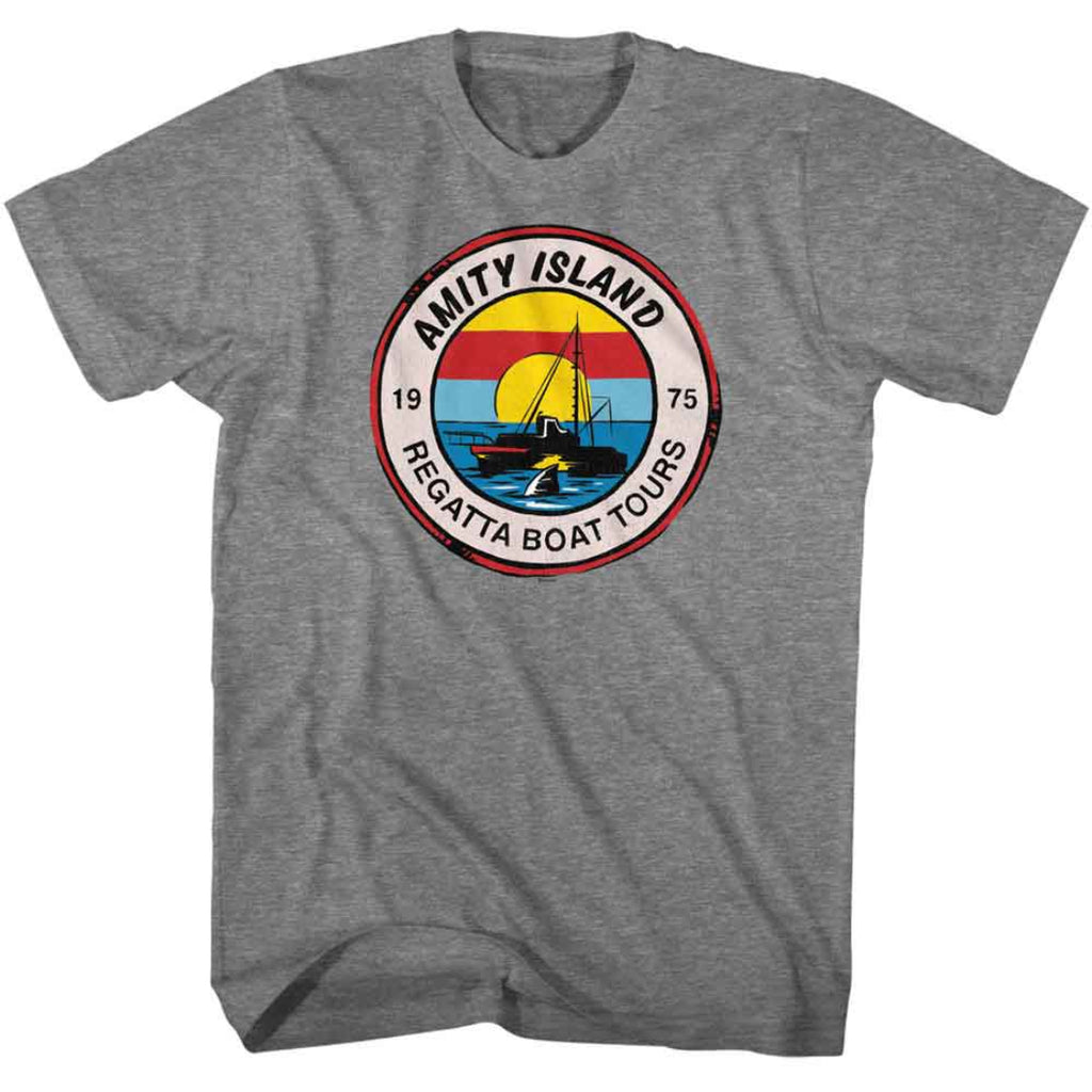 Gray Jaws t-shirt with a colorful 'Amity Island Regatta Boat Tours' logo on a white background