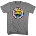 Gray Jaws t-shirt with a colorful 'Amity Island Regatta Boat Tours' logo on a white background