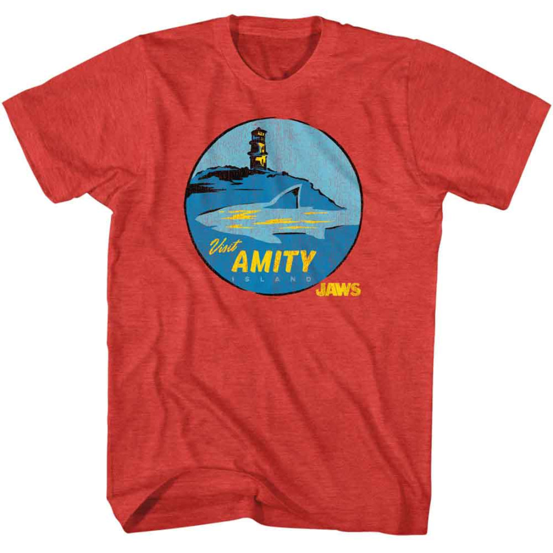 Red t-shirt with a shark and lighthouse graphic and 'Visit Amity Jaws' text on a white background