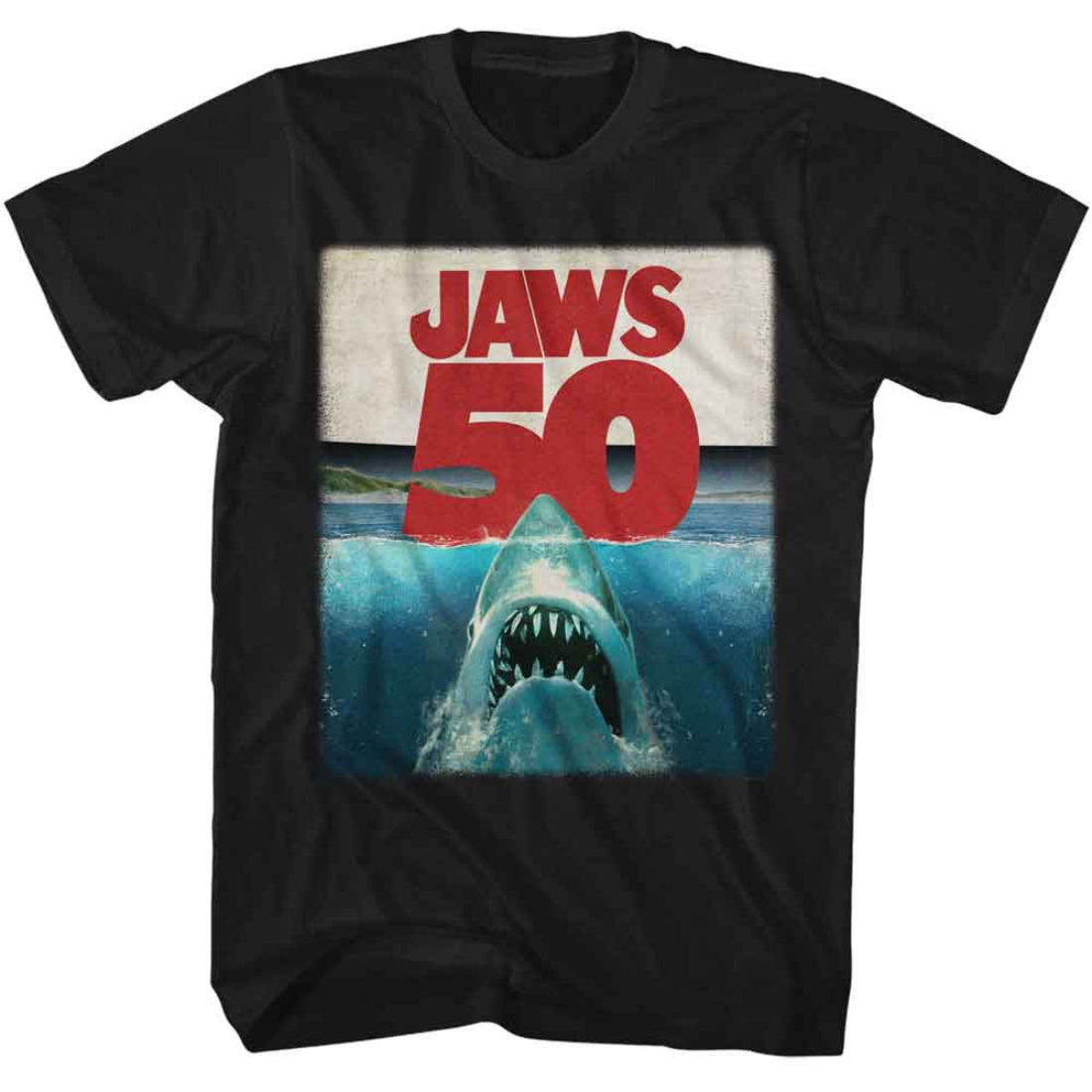Black t-shirt with 'JAWS 50' graphic design featuring a shark and ocean scene.