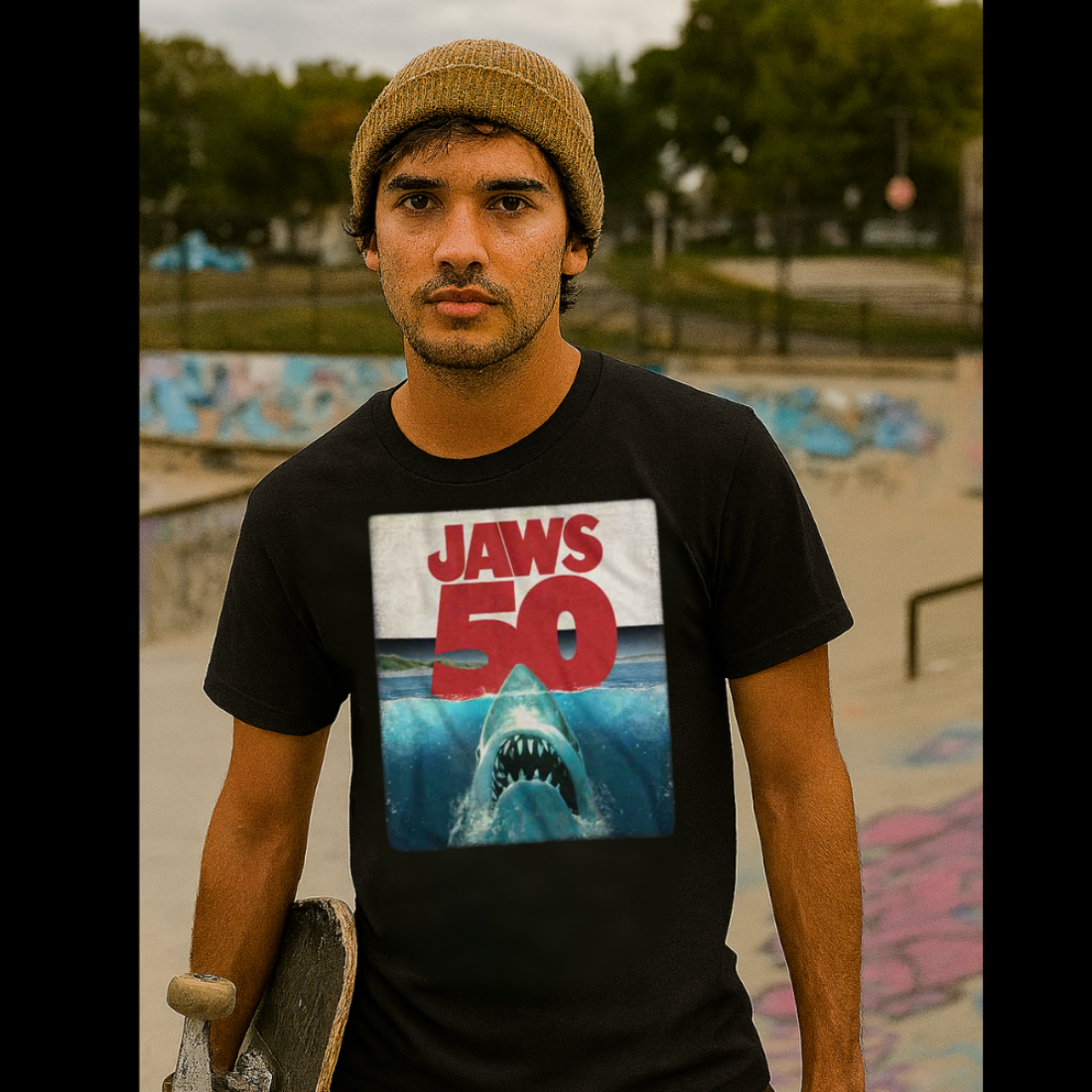 man wearing Jaws 50th T-Shirt JAW5550S, JAW5550M, JAW5550L, JAW5550XL, JAW5550XXL, JAW5550XXXL, JAW5550XXXXL, JAW5550XXXXXL