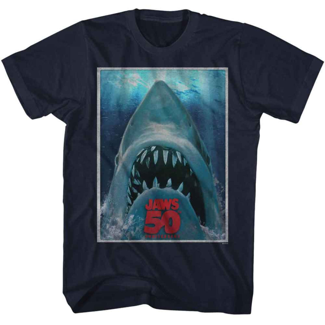 Navy blue t-shirt with a shark graphic and 'Jaws 50' text on a white background