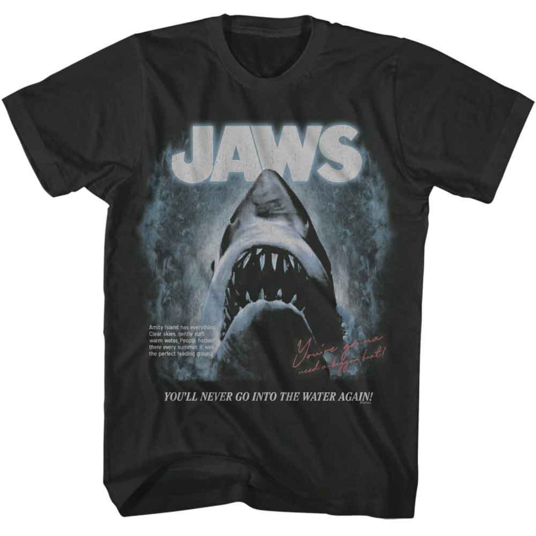 Black t-shirt with 'JAWS' shark graphic and text on a white background