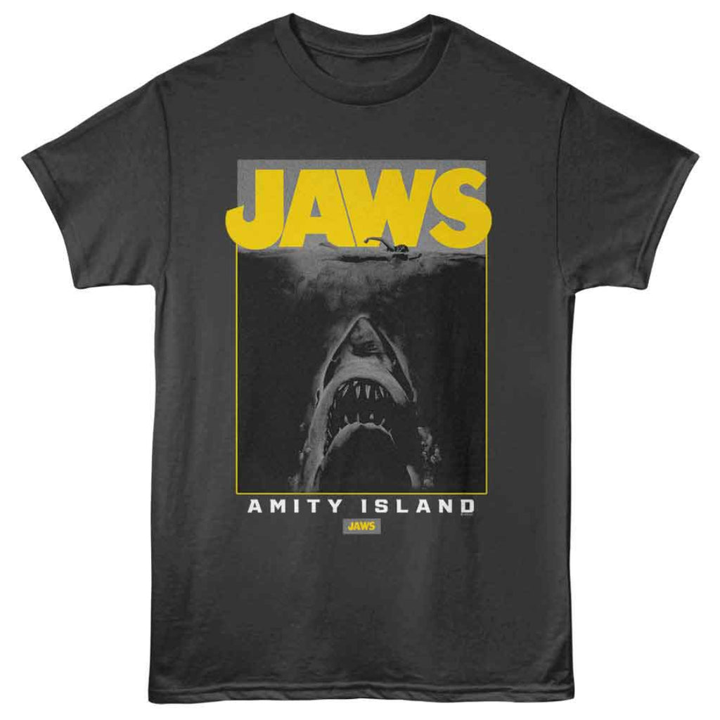 Black t-shirt with 'JAWS' graphic and shark image