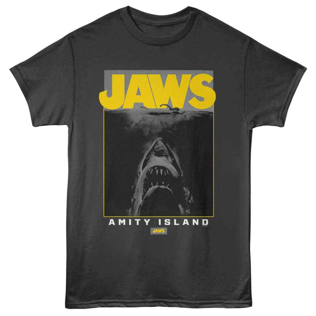 Black t-shirt with 'JAWS' graphic and shark image
