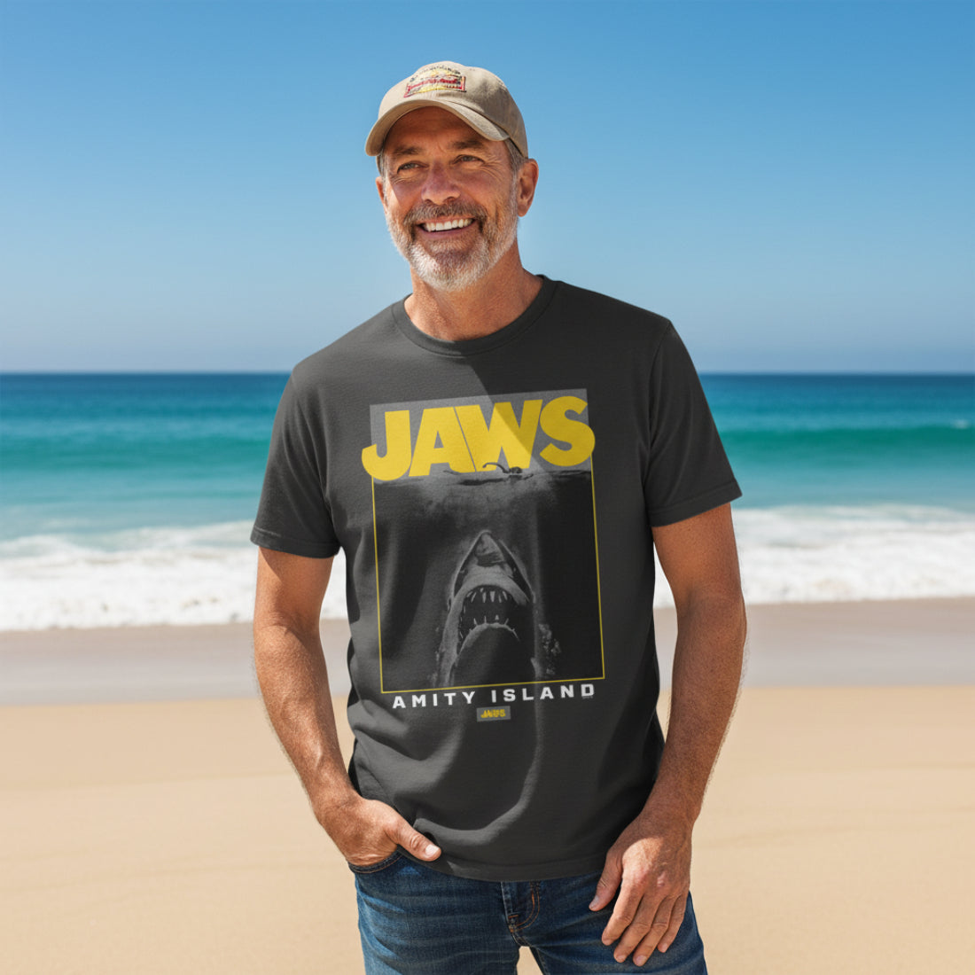 Black t-shirt with 'JAWS' graphic and shark image  JAW5562S, JAW5562M, JAW5562L, JAW5562XL, JAW5562XXL, JAW5562XXXL