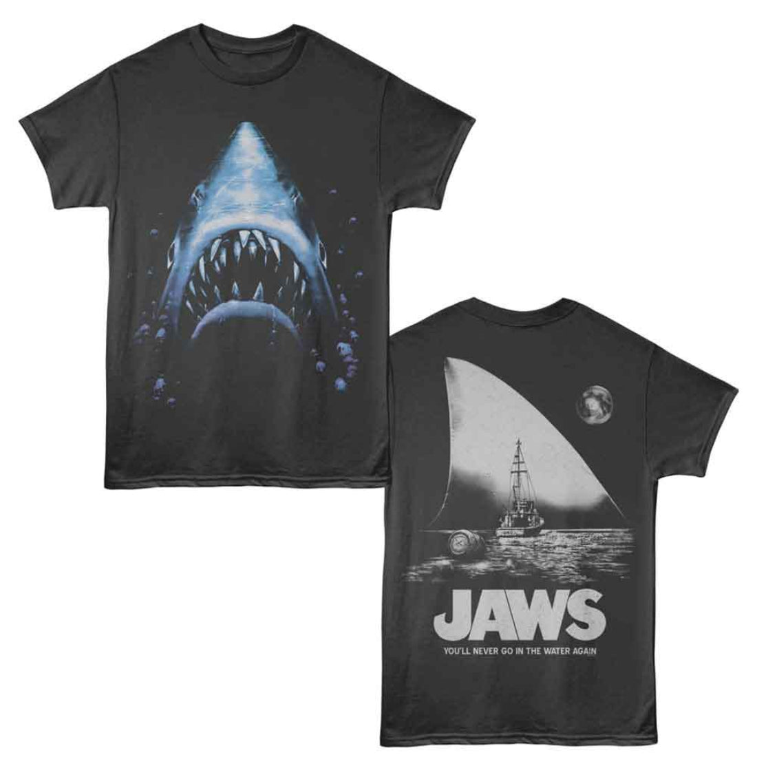Black t-shirt with 'Jaws' shark graphic on front and movie scene on back