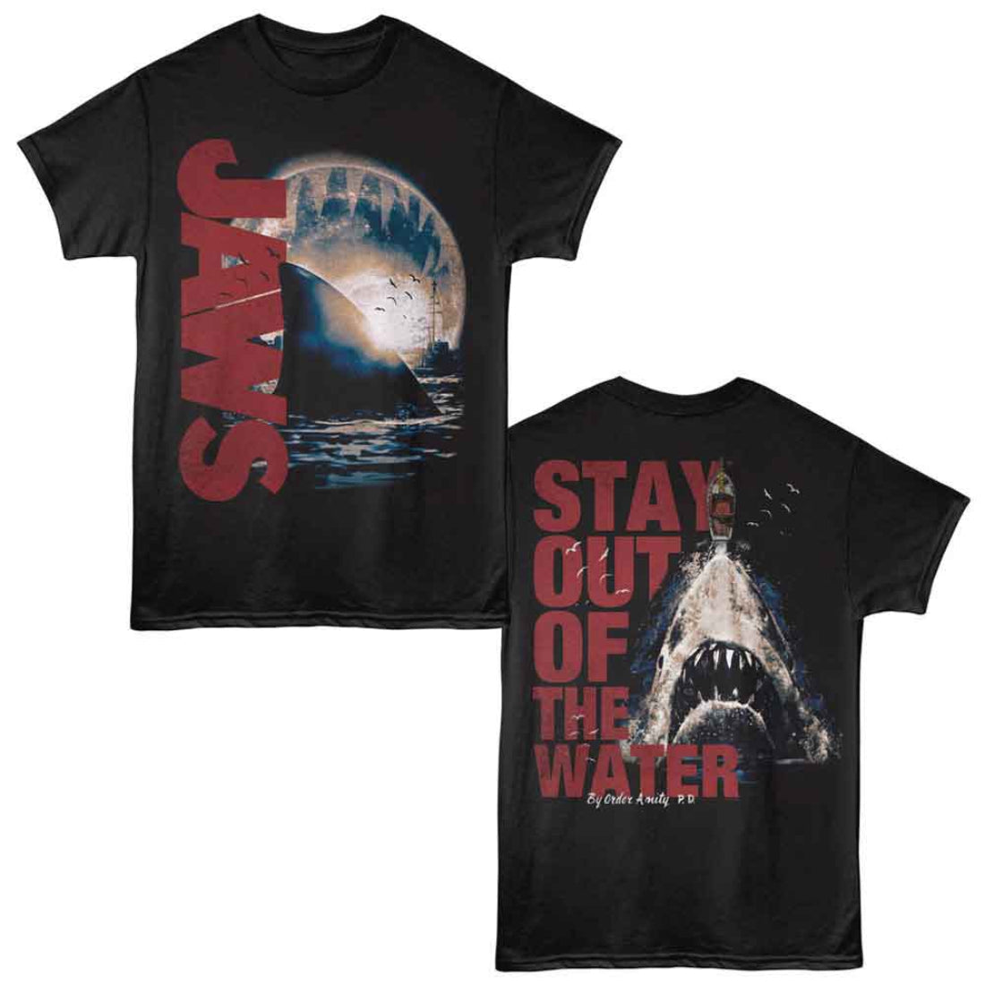 Black t-shirt with 'JAWS' graphic design on front and back