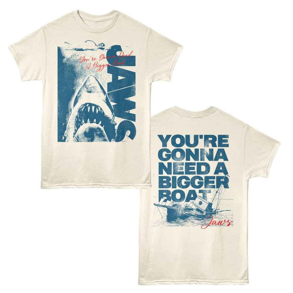 T-shirt with Jaws shark graphic and text on a white background
