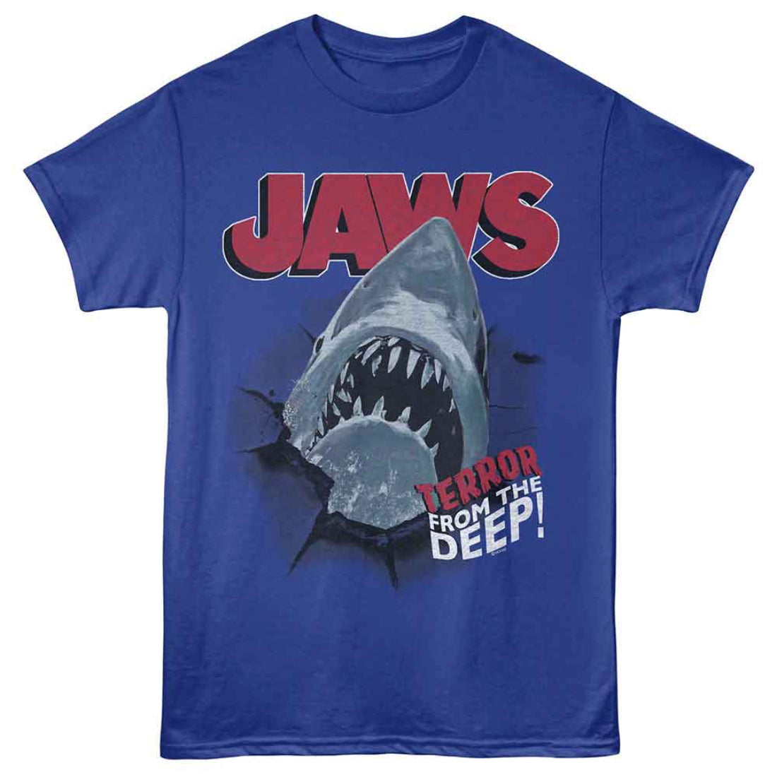 Blue t-shirt with 'Jaws' shark graphic and text