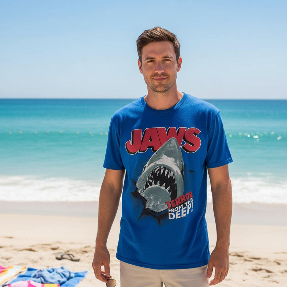 Blue t-shirt with 'JAWS' shark graphic and text  JAW5566S, JAW5566M, JAW5566L, JAW5566XL, JAW5566XXL, JAW5566XXXL, JAW5566XXXXL, JAW5566XXXXXL