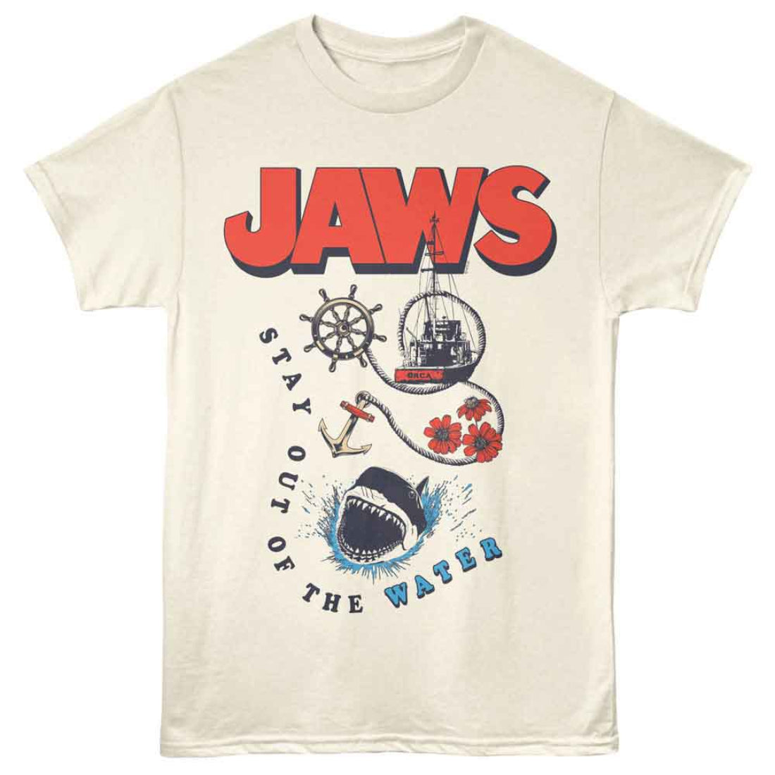 Beige t-shirt with 'JAWS' graphic design featuring a shark, anchor, and ship 