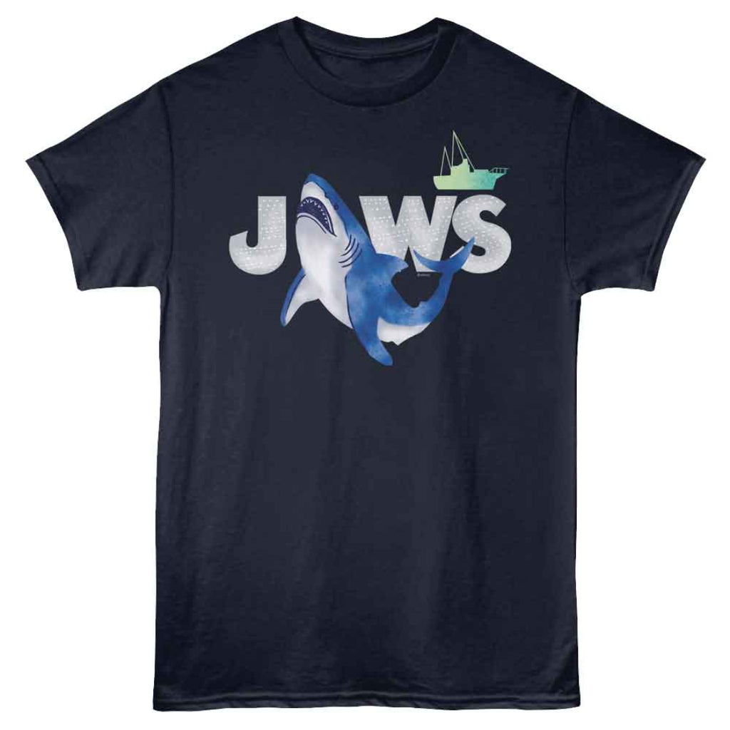 Navy blue t-shirt with a shark graphic and 'JAWS' text on a white background