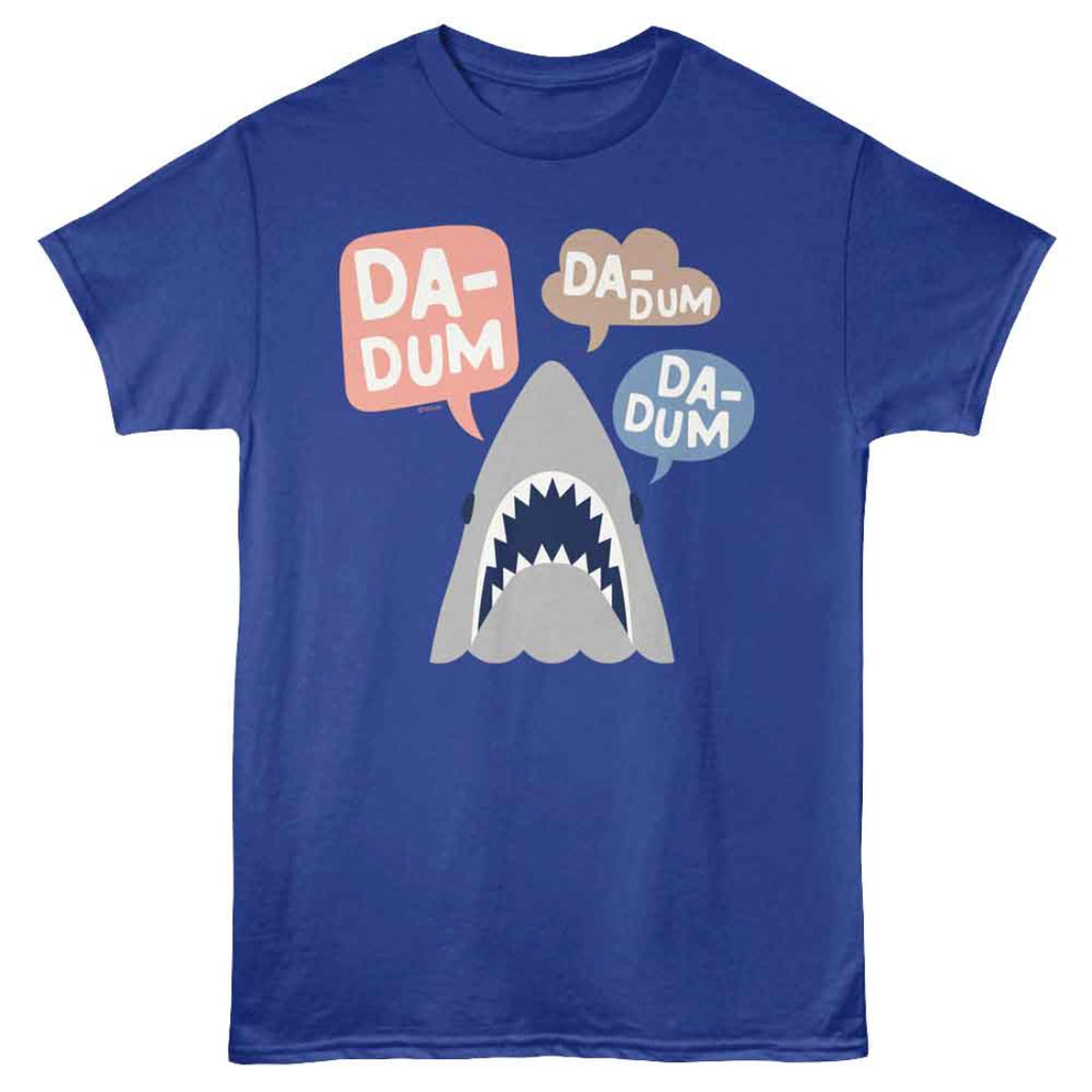 Blue Jaws t-shirt with a shark graphic and speech bubbles on a white background