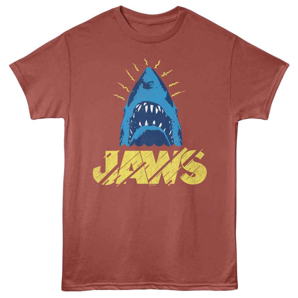 Red t-shirt with a shark graphic and 'JAWS' text 