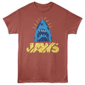 Red t-shirt with a shark graphic and 'JAWS' text 