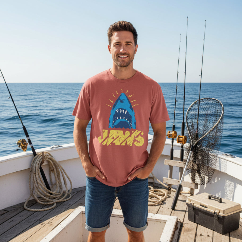 Red t-shirt with a shark graphic and 'JAWS' text JAW5570S, JAW5570M, JAW5570L, JAW5570XL, JAW5570XXL