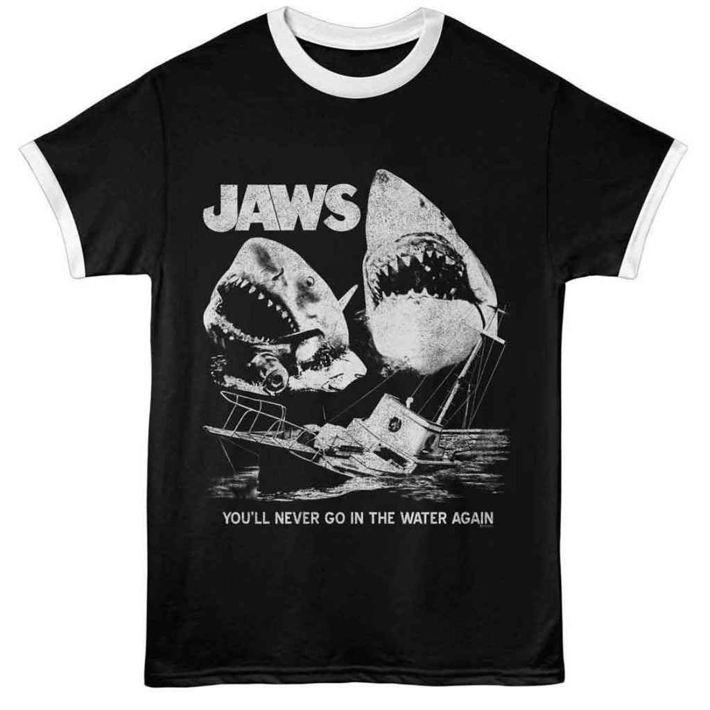 Black t-shirt with 'Jaws' graphic and text on a white background