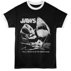 Black t-shirt with 'Jaws' graphic and text on a white background