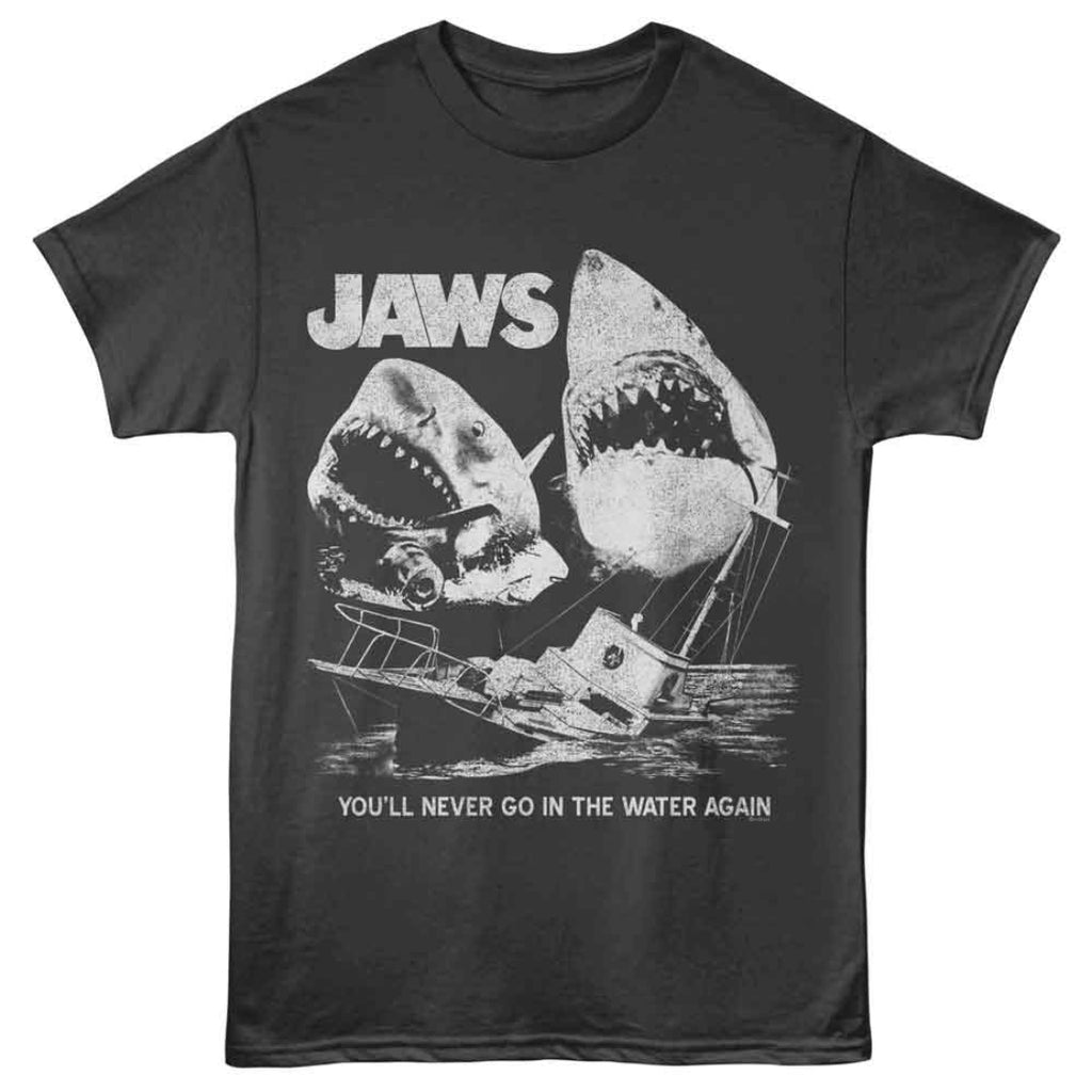 Black t-shirt with 'JAWS' graphic and text 