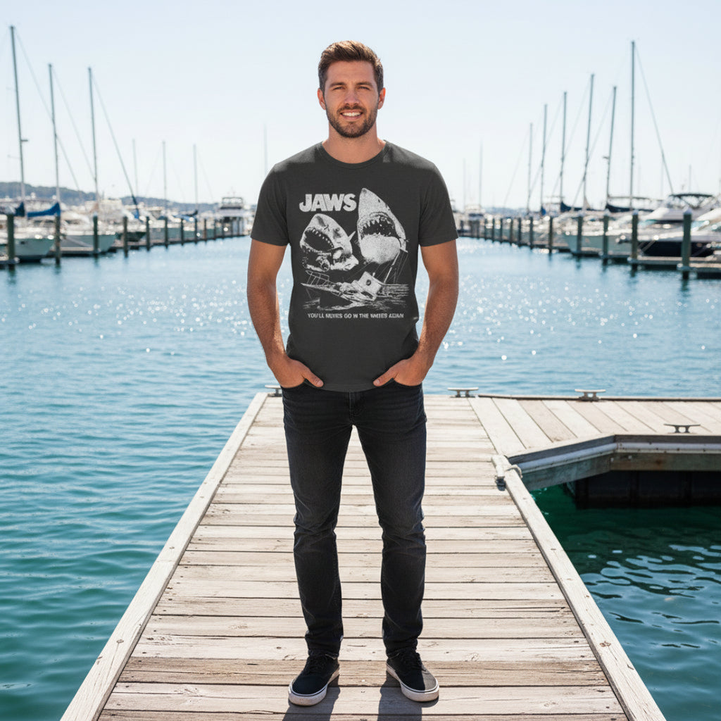 Black t-shirt with 'JAWS' graphic and text JAW5573S, JAW5573M, JAW5573L, JAW5573XL, JAW5573XXL