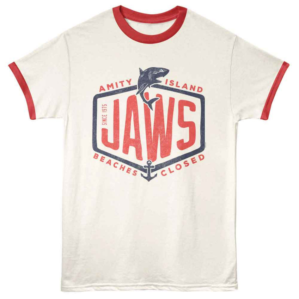 White t-shirt with red ringer sleeves and 'Jaws' graphic design on a white background