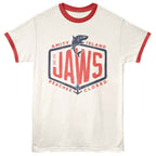 White t-shirt with red ringer sleeves and 'Jaws' graphic design on a white background