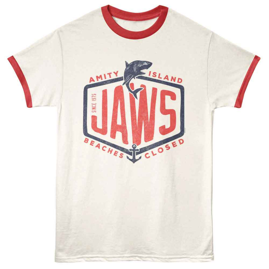 White t-shirt with red ringer sleeves and 'Jaws' graphic design on a white background