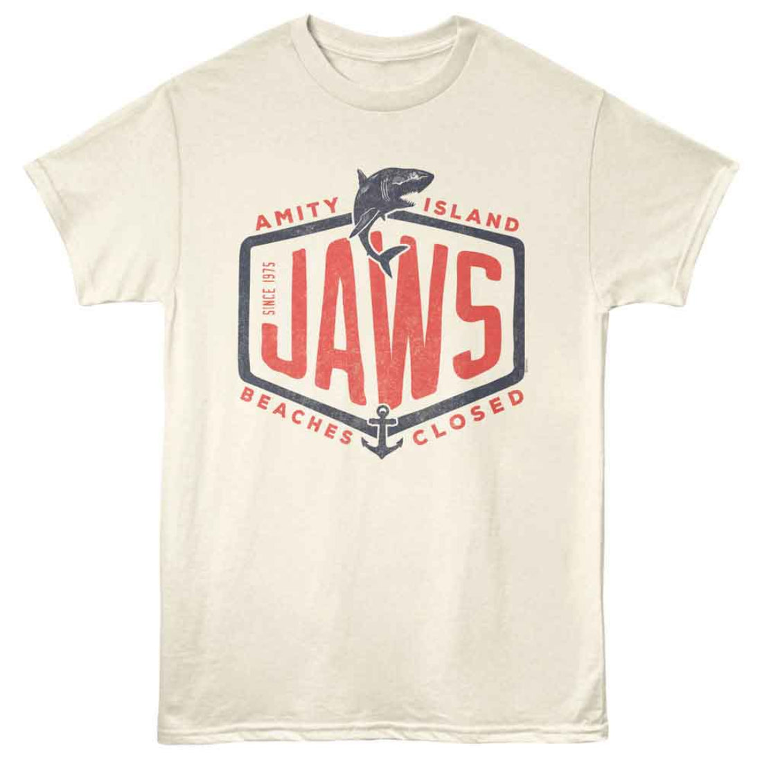 Beige t-shirt with 'Jaws' graphic design on a white background