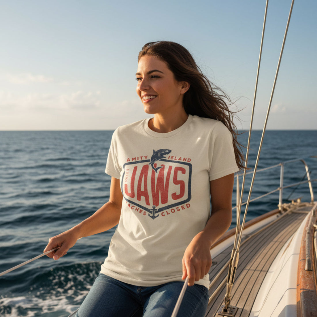 Woman wearing Beige t-shirt with 'Jaws' graphic design JAW5574S, JAW5574M, JAW5574L, JAW5574XL, JAW5574XXL, JAW5574XXXL, JAW5574XXXXL