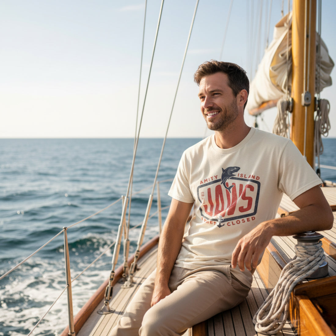 Man wearing Beige t-shirt with 'Jaws' graphic design JAW5574S, JAW5574M, JAW5574L, JAW5574XL, JAW5574XXL, JAW5574XXXL, JAW5574XXXXL